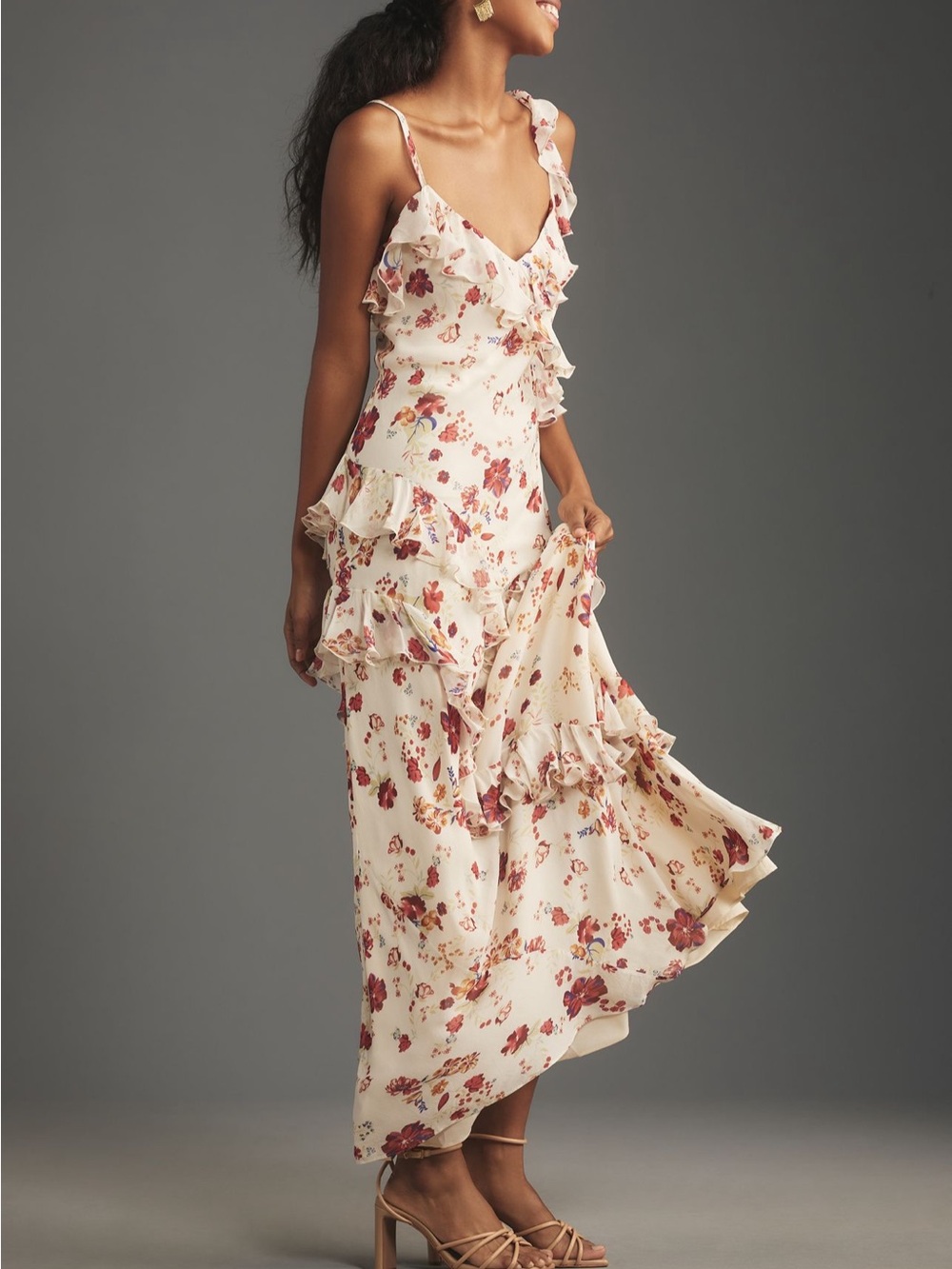 Anthropologie Floral Ruffle Maxi Dress - Cream with Pink & Red Flowers LetMeBe